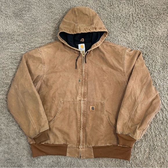 Vintage Carhartt Canvas Hooded Active Jacket Mens XL Lined Zip Workwear J160 BRN - Picture 11 of 14